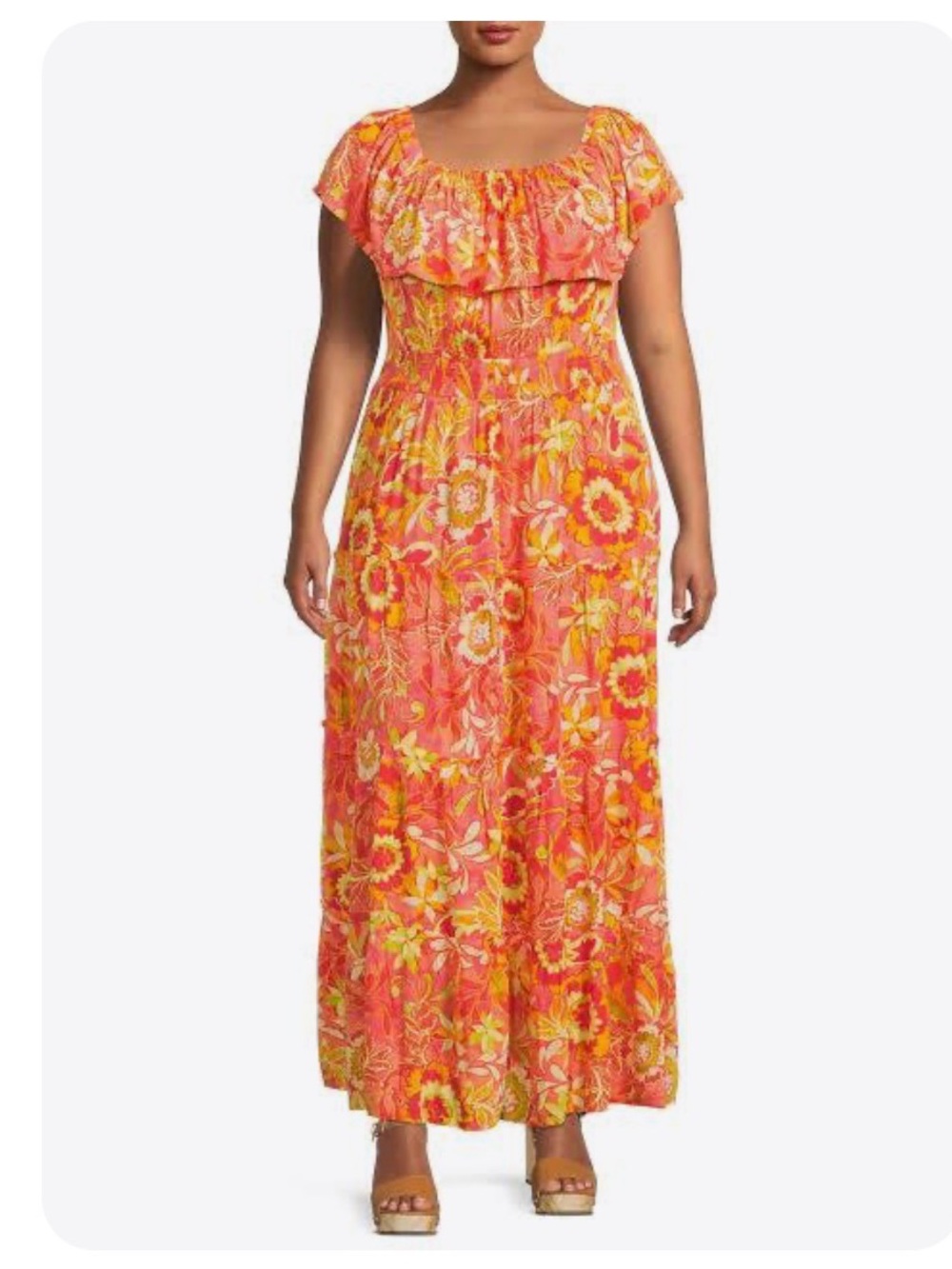 Terra & Sky Coral and Yellow Floral Ruffle Maxi Dress
